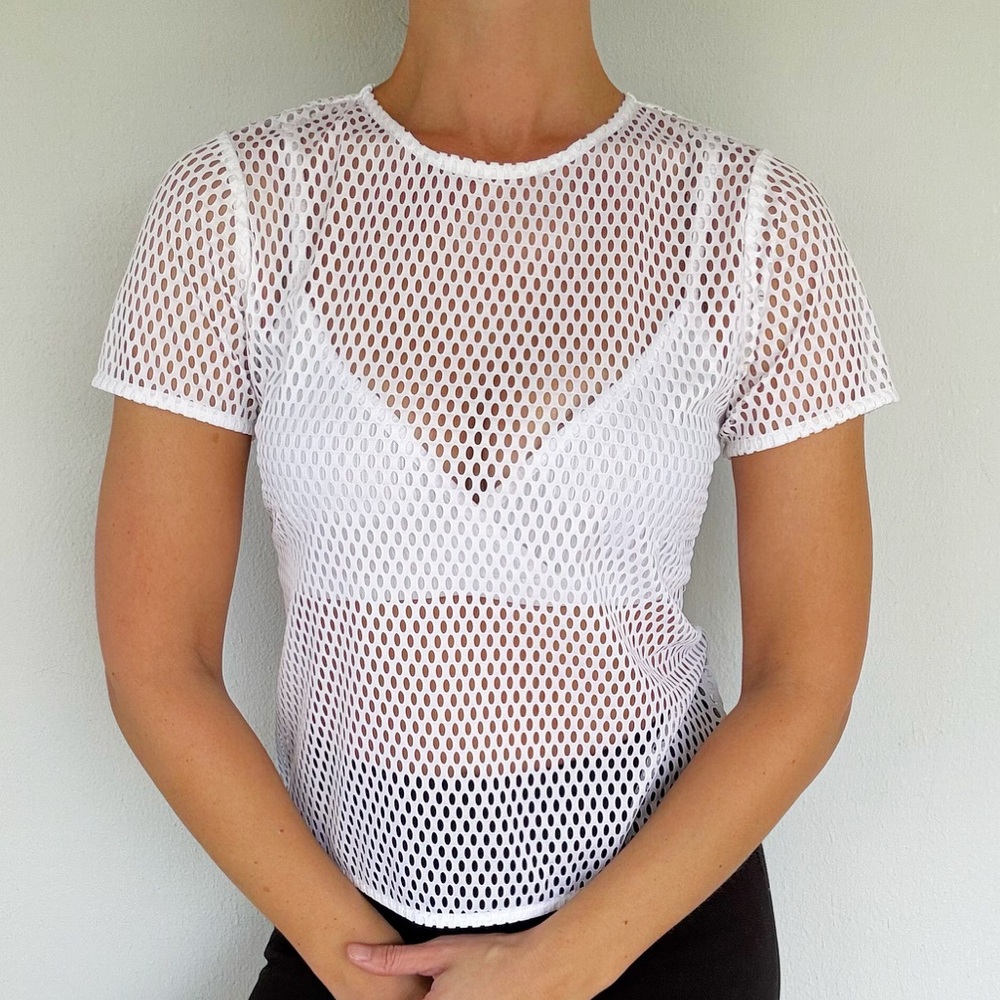 Anne Fontaine Casual white fishnet mesh laser cut out short sleeve tee size 38